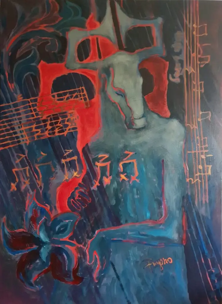 A painting of a mythical music deity, oil and acrylics on canvas.