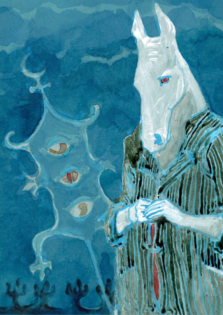 A fragment of the painting, Lilith symbol and trafic lights.