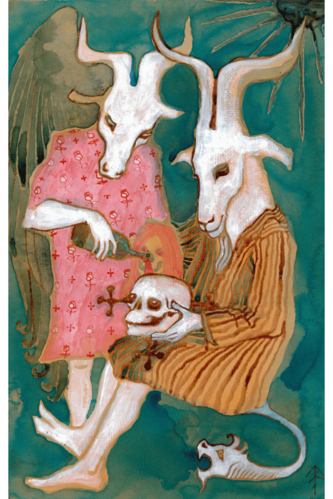 A painting of two horned mythical creatures sharing wine with the skull goblet