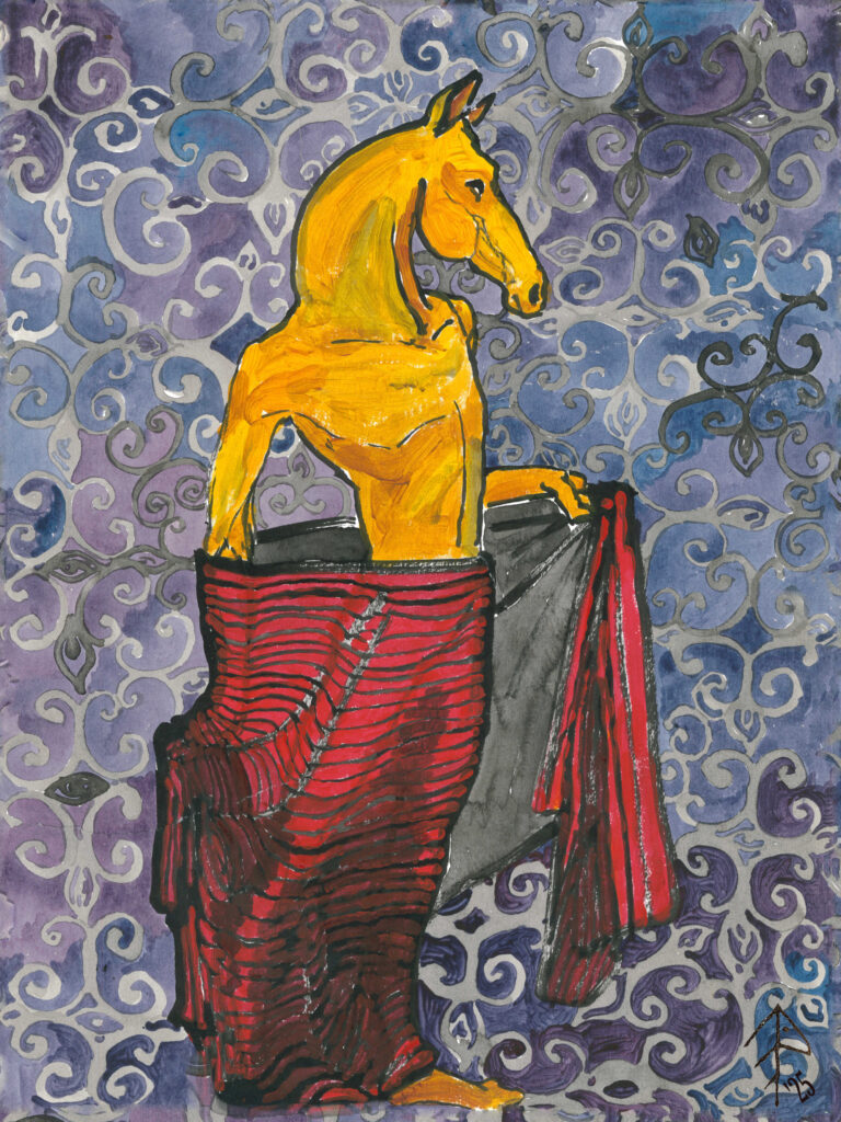 Yellow mythical horse-creature in a red robe
