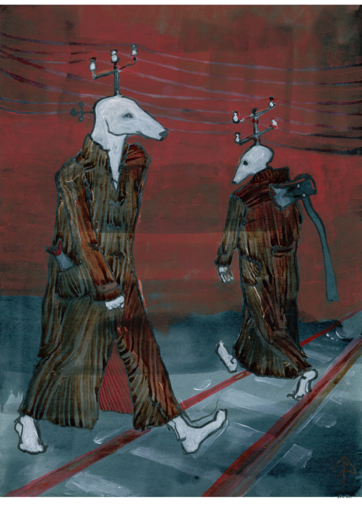 SOLVITUR AMBULANDO/ Išsprendžiama vaikštant. A3, ink, acrylic on cardboard